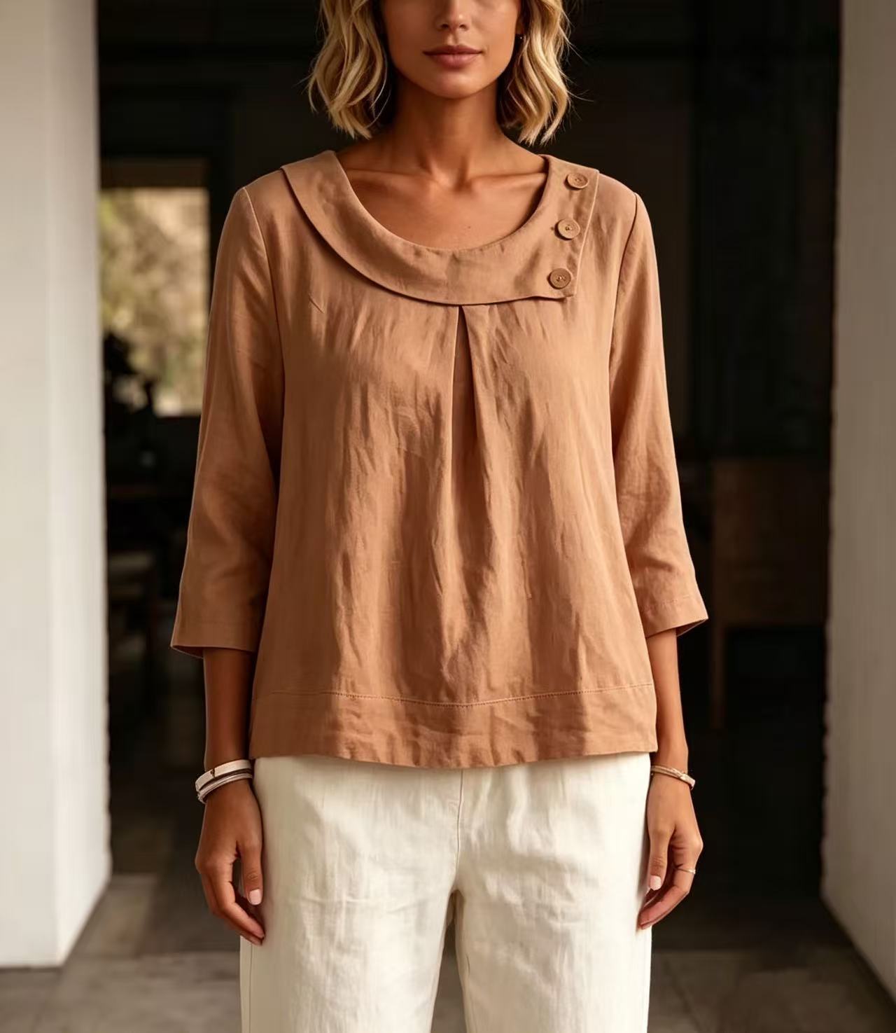 👚Women's Loose-Fit Linen Crew-Neck Shirt💕