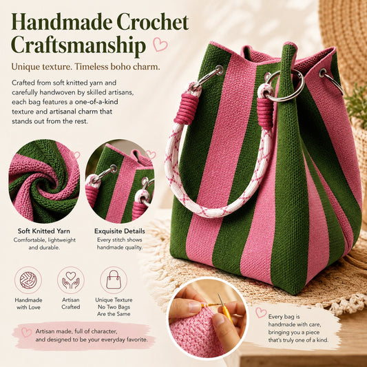 🌴 Boho Crochet Bucket Bag for Women – Handmade Woven Summer Beach Shoulder Bag