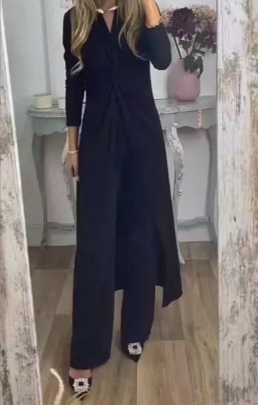 Casual all-in-one Long sleeve slim V-neck long top straight trousers two-piece set - Free shipping