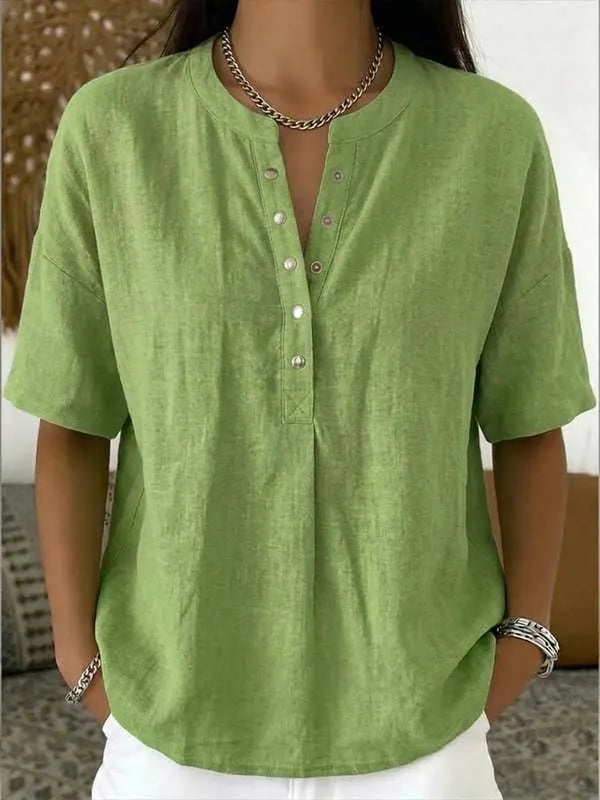 Women's Solid-Color Loose-Fit Short-Sleeve Henley Pullover