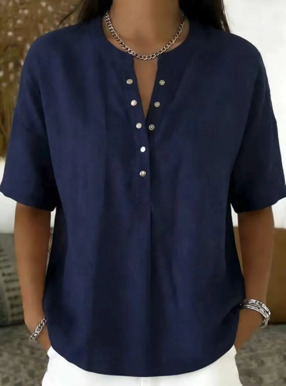 Women's Solid-Color Loose-Fit Short-Sleeve Henley Pullover