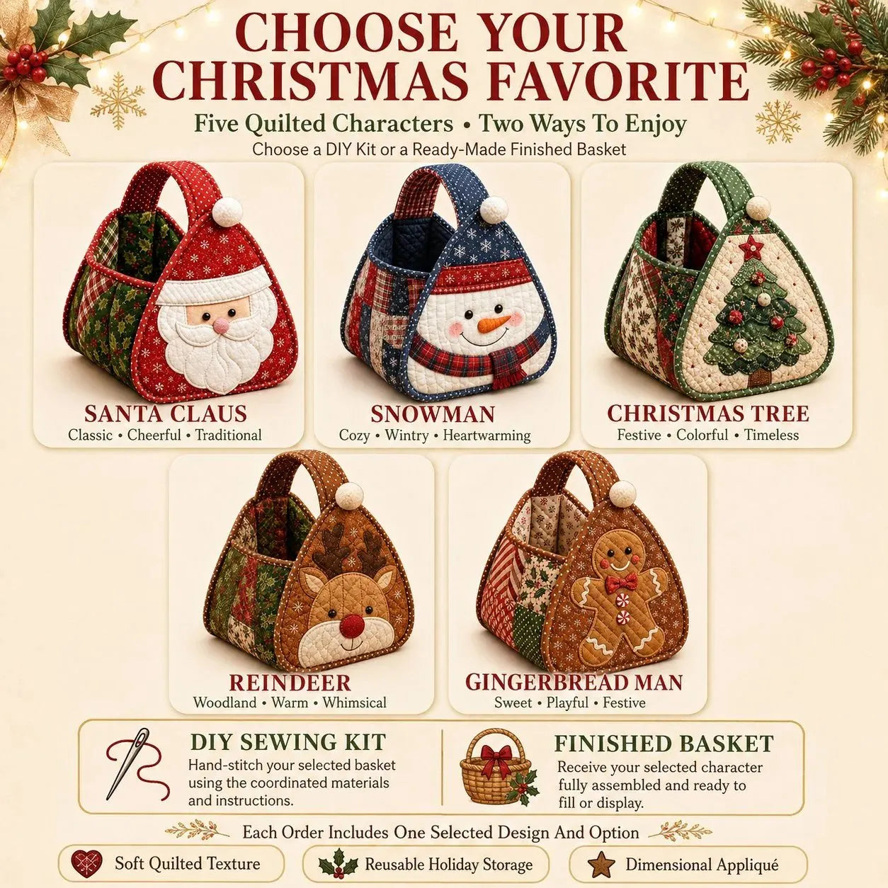 🎉🎄 Christmas Character Quilted Carry Basket | Padded Patchwork Fabrics, Layered Appliqué & Soft Carry Handle in DIY Kit or Ready-Made Styles 🎁✨