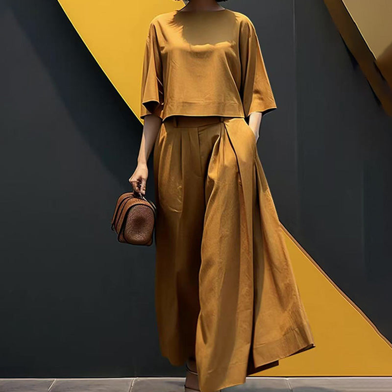 ⏳Women's Casual Round Neck 3/4 Sleeve T-Shirt & Loose Pants 2-Piece Set