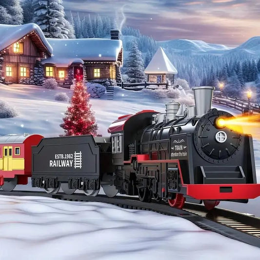 🚂 Christmas Electric Train Set with Light & Sounds Battery Powered Locomotive Engine Cargo Cars