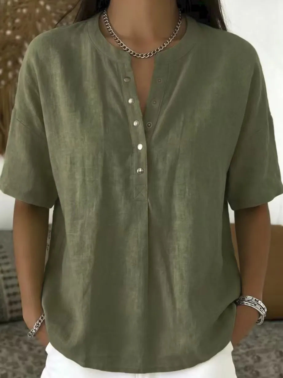 Women's Solid-Color Loose-Fit Short-Sleeve Henley Pullover