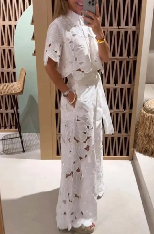 Exquisite Floral Embroidered Hollow Lace Top and Wide-Leg Pants Set
