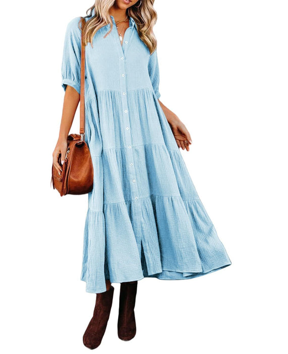 Summer Cotton Half Sleeves Midi Dress with Pockets