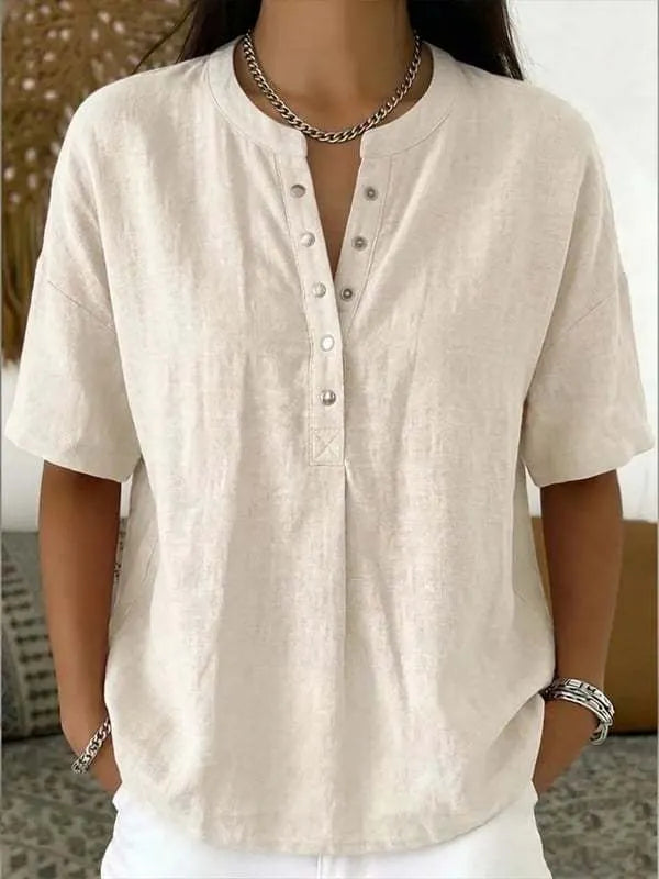 Women's Solid-Color Loose-Fit Short-Sleeve Henley Pullover