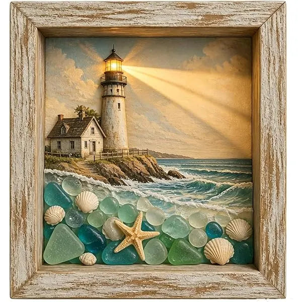 💡Handcrafted: 3D Coastal Lighthouse & Sea Glass Shadow Box Night Light