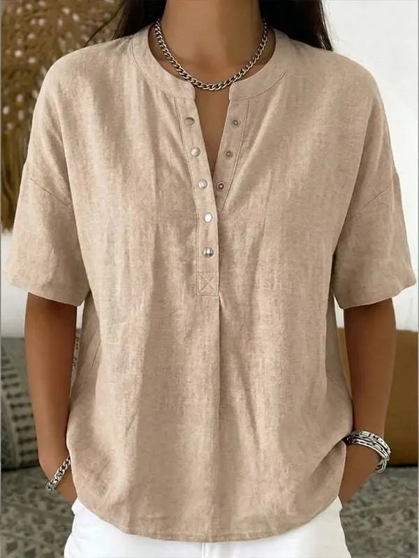 Women's Solid-Color Loose-Fit Short-Sleeve Henley Pullover