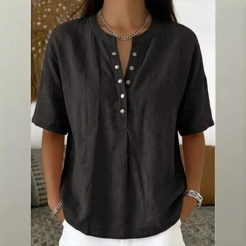 Women's Solid-Color Loose-Fit Short-Sleeve Henley Pullover