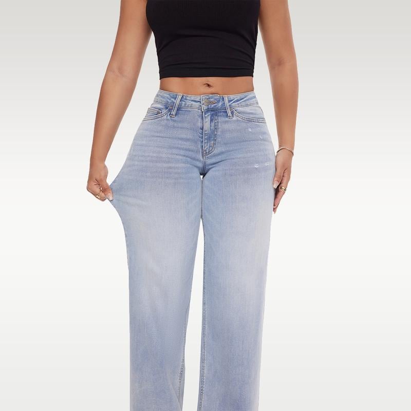 💥👖Mid-Low Rise Baggy Jeans – Stretchy Wide Leg for Women | Distressed Light/Dark Blue, Tummy Control & Curve Hugging (Plus/Regular Size) !