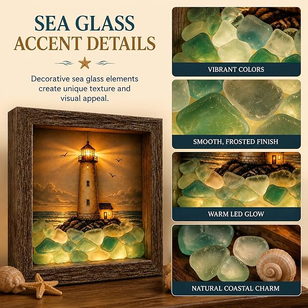 💡Handcrafted: 3D Coastal Lighthouse & Sea Glass Shadow Box Night Light
