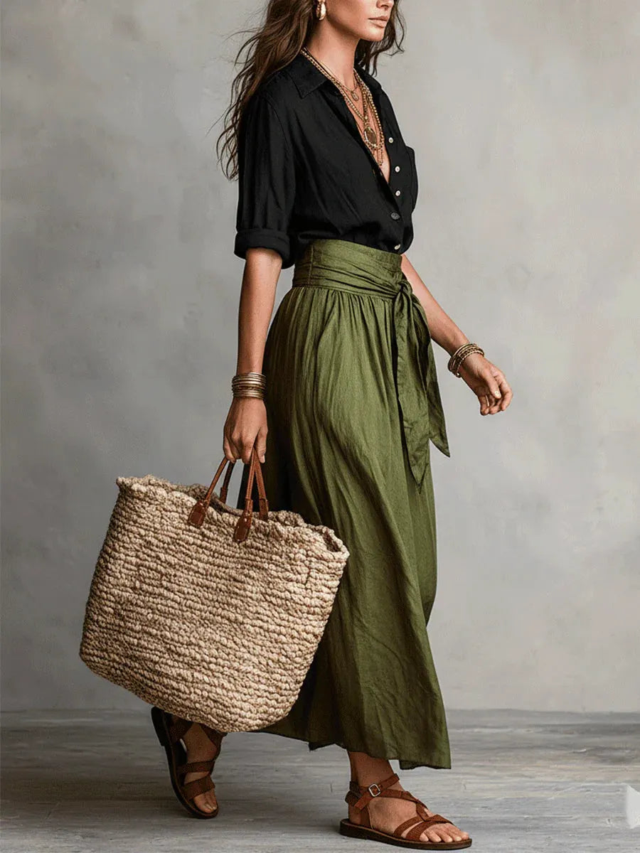 ⛱️New Summer Arrivals - Women's Black Color-Block T-Shirt and Olive Green Midi Skirt