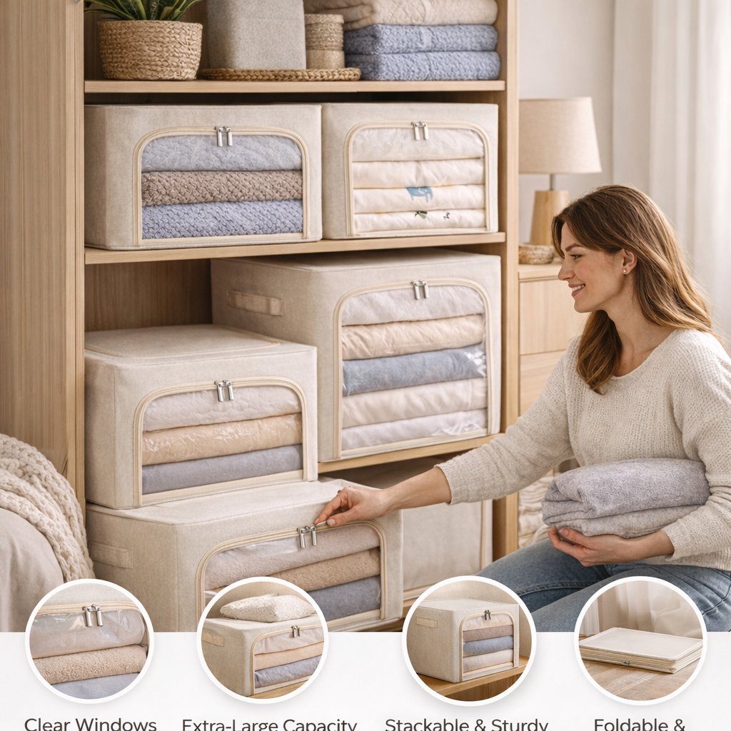 👍Extra-Large Foldable Fabric Storage Bins with Metal Frame