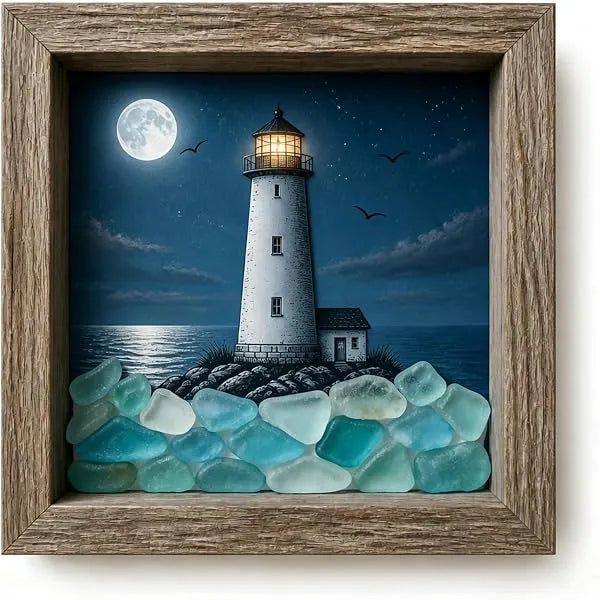 💡Handcrafted: 3D Coastal Lighthouse & Sea Glass Shadow Box Night Light