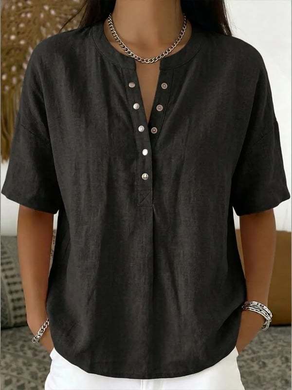 Women's Solid-Color Loose-Fit Short-Sleeve Henley Pullover