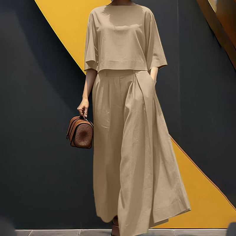 ⏳Women's Casual Round Neck 3/4 Sleeve T-Shirt & Loose Pants 2-Piece Set