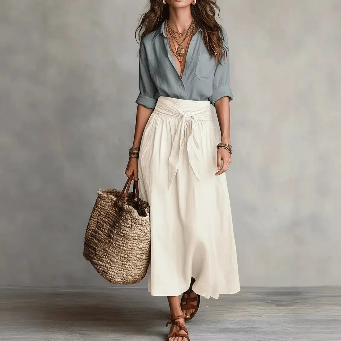 ⛱️New Summer Arrivals - Women's Black Color-Block T-Shirt and Olive Green Midi Skirt