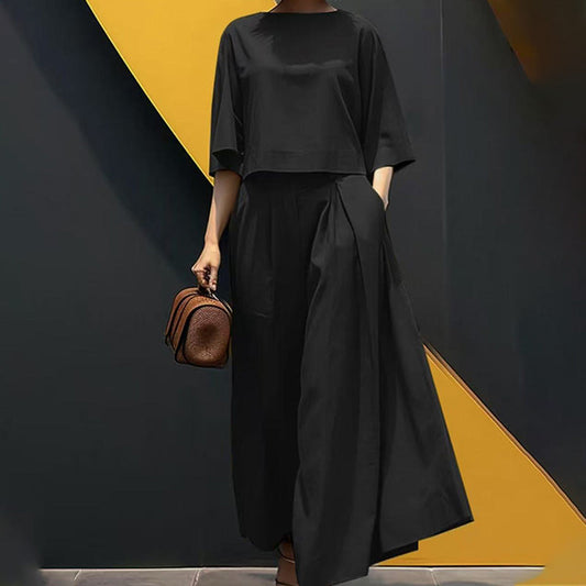 ⏳Women's Casual Round Neck 3/4 Sleeve T-Shirt & Loose Pants 2-Piece Set