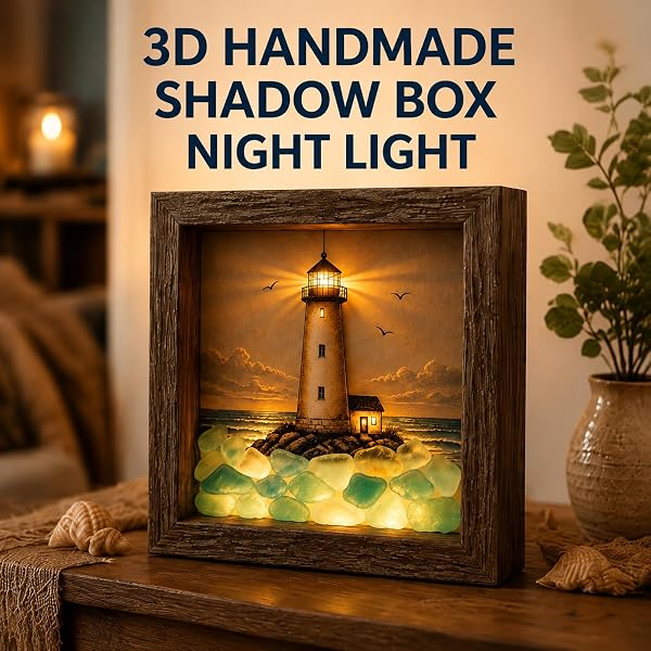 💡Handcrafted: 3D Coastal Lighthouse & Sea Glass Shadow Box Night Light