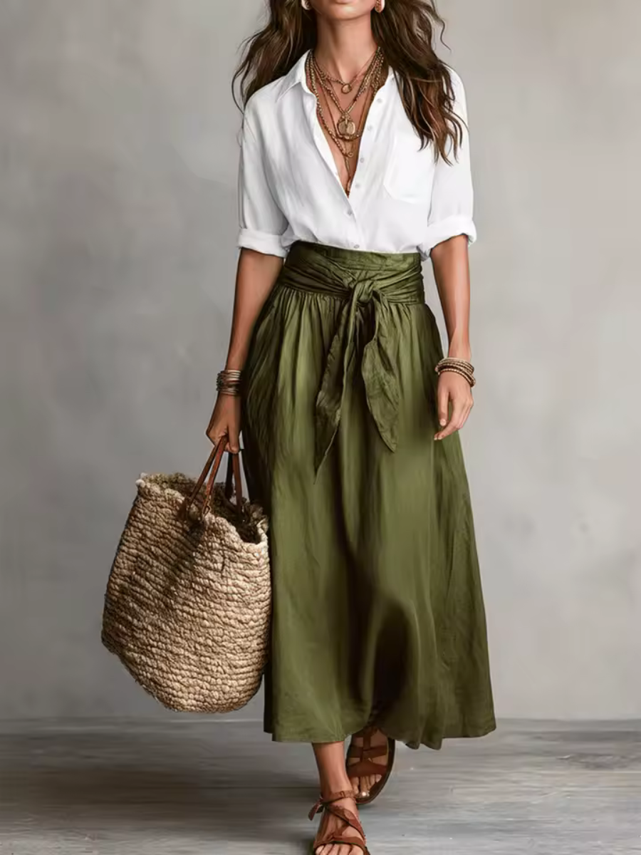⛱️New Summer Arrivals - Women's Black Color-Block T-Shirt and Olive Green Midi Skirt