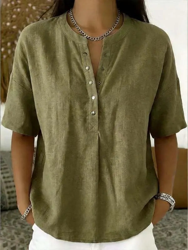 Women's Solid-Color Loose-Fit Short-Sleeve Henley Pullover