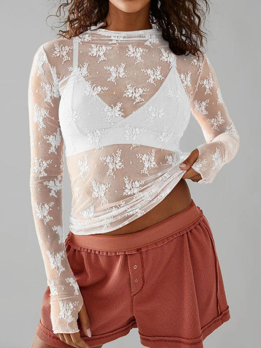 Women's Floral Lace Thumb Hole Sheer Tee