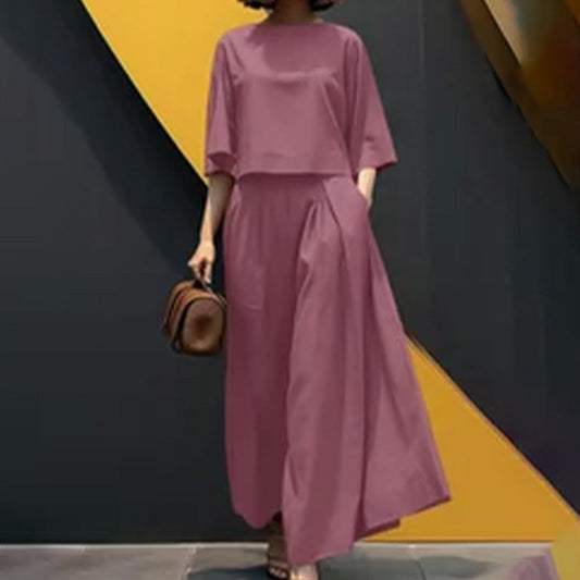⏳Women's Casual Round Neck 3/4 Sleeve T-Shirt & Loose Pants 2-Piece Set