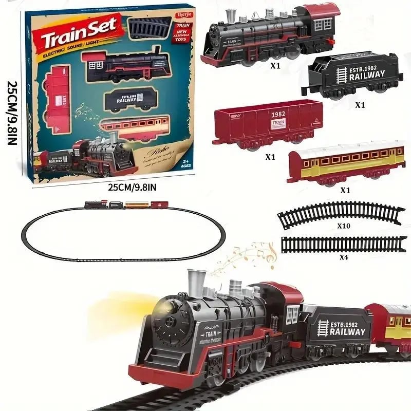 🚂 Christmas Electric Train Set with Light & Sounds Battery Powered Locomotive Engine Cargo Cars