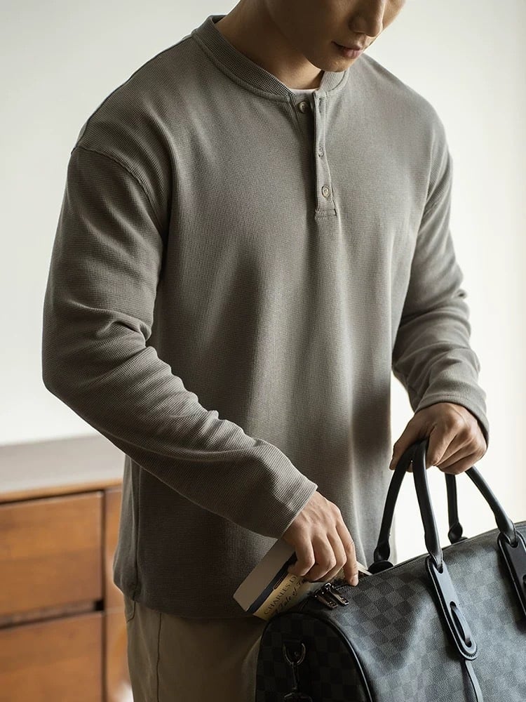 💥2025 HOT SALE💥Men's Cotton Waffle-Knit Thermal Henley Shirt Long Sleeve