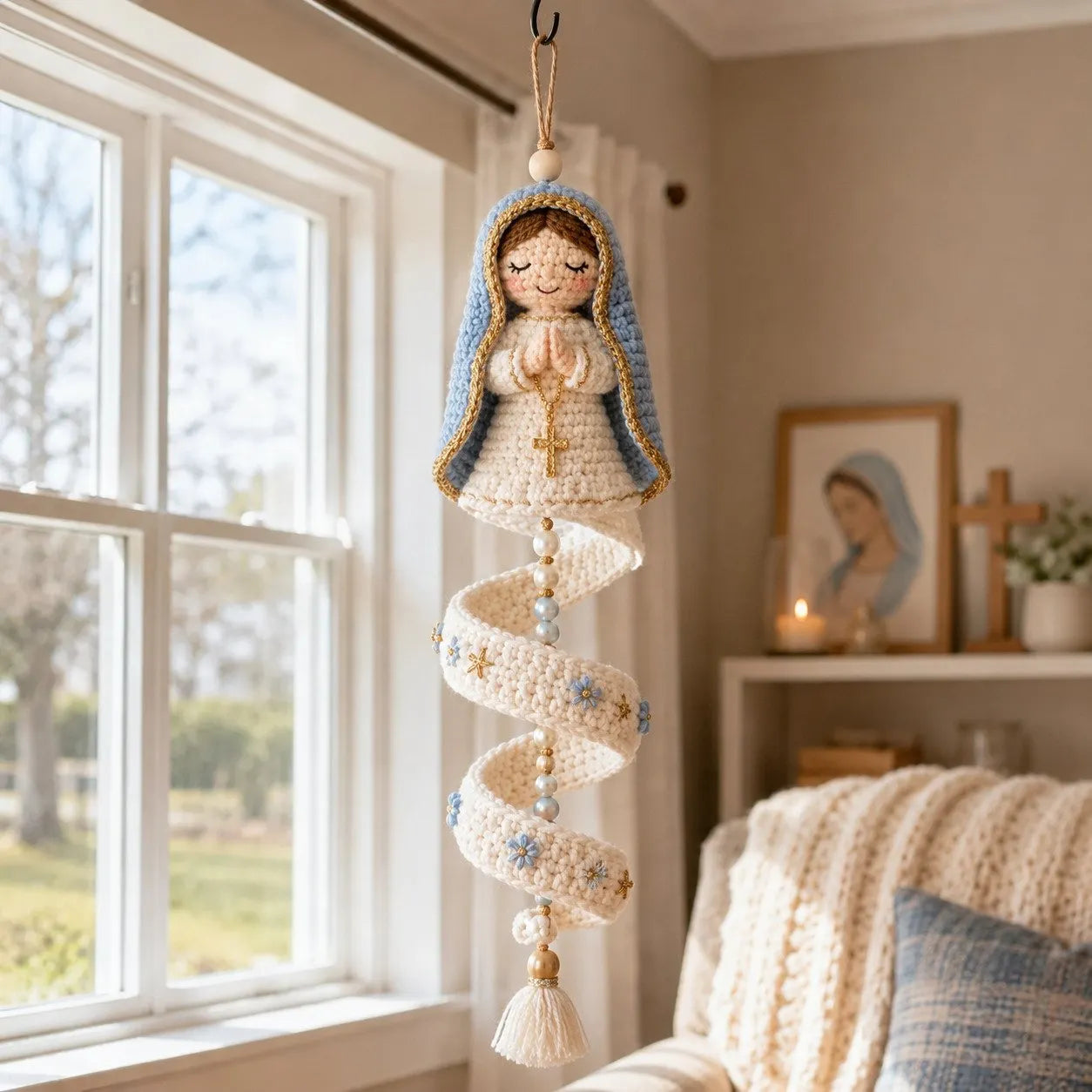 🩵Handcrafted Crochet Blessed Mother Spiral Hanging Ornament✝️