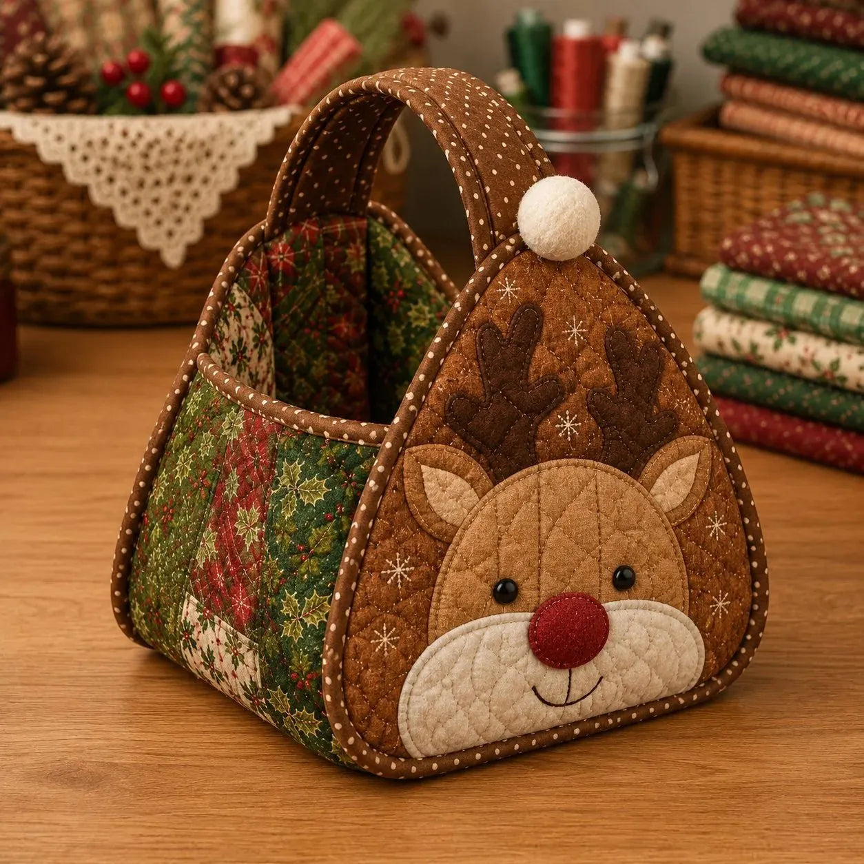 🎉🎄 Christmas Character Quilted Carry Basket | Padded Patchwork Fabrics, Layered Appliqué & Soft Carry Handle in DIY Kit or Ready-Made Styles 🎁✨