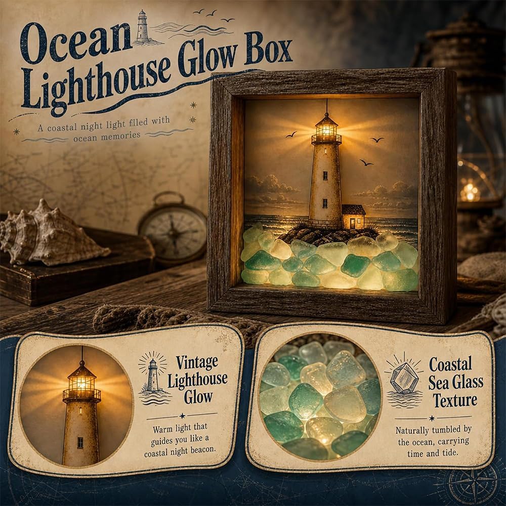 💡Handcrafted: 3D Coastal Lighthouse & Sea Glass Shadow Box Night Light