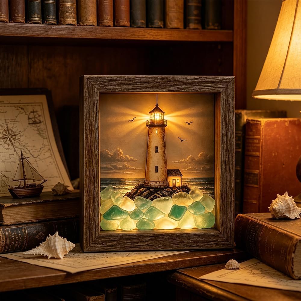 💡Handcrafted: 3D Coastal Lighthouse & Sea Glass Shadow Box Night Light