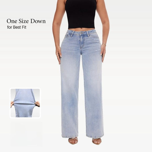 💥👖Mid-Low Rise Baggy Jeans – Stretchy Wide Leg for Women | Distressed Light/Dark Blue, Tummy Control & Curve Hugging (Plus/Regular Size) !