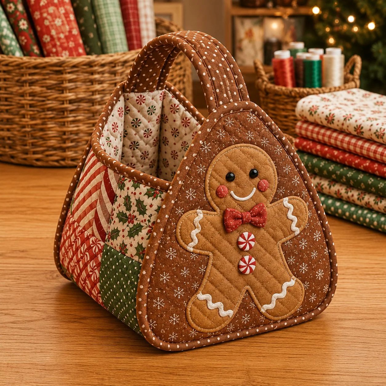 🎉🎄 Christmas Character Quilted Carry Basket | Padded Patchwork Fabrics, Layered Appliqué & Soft Carry Handle in DIY Kit or Ready-Made Styles 🎁✨