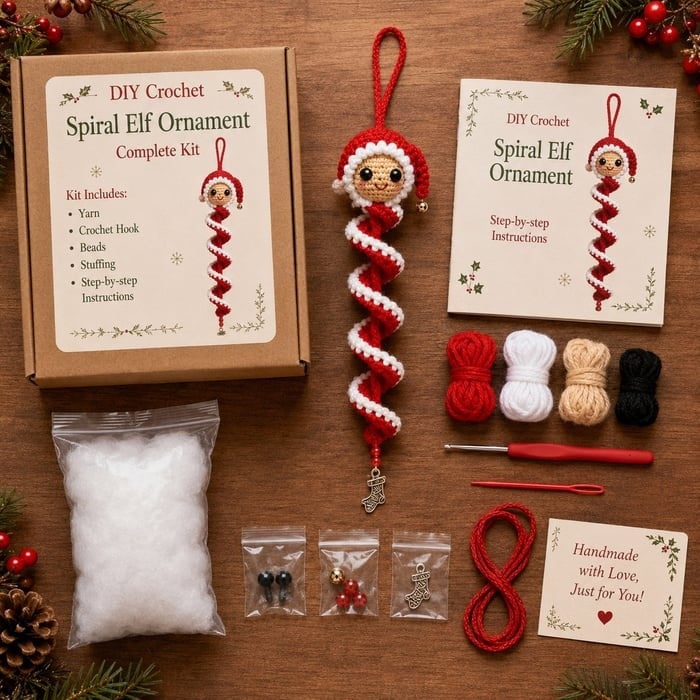 🎉☃️ Crochet Snowman Spiral Ornament DIY Kit | Complete Beginner-Friendly Set with Soft Yarn, Crochet Hook, Festive Beads, Snowflakes & Step-by-Step Guide 🧶🎄✨