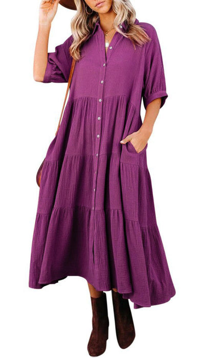 Summer Cotton Half Sleeves Midi Dress with Pockets