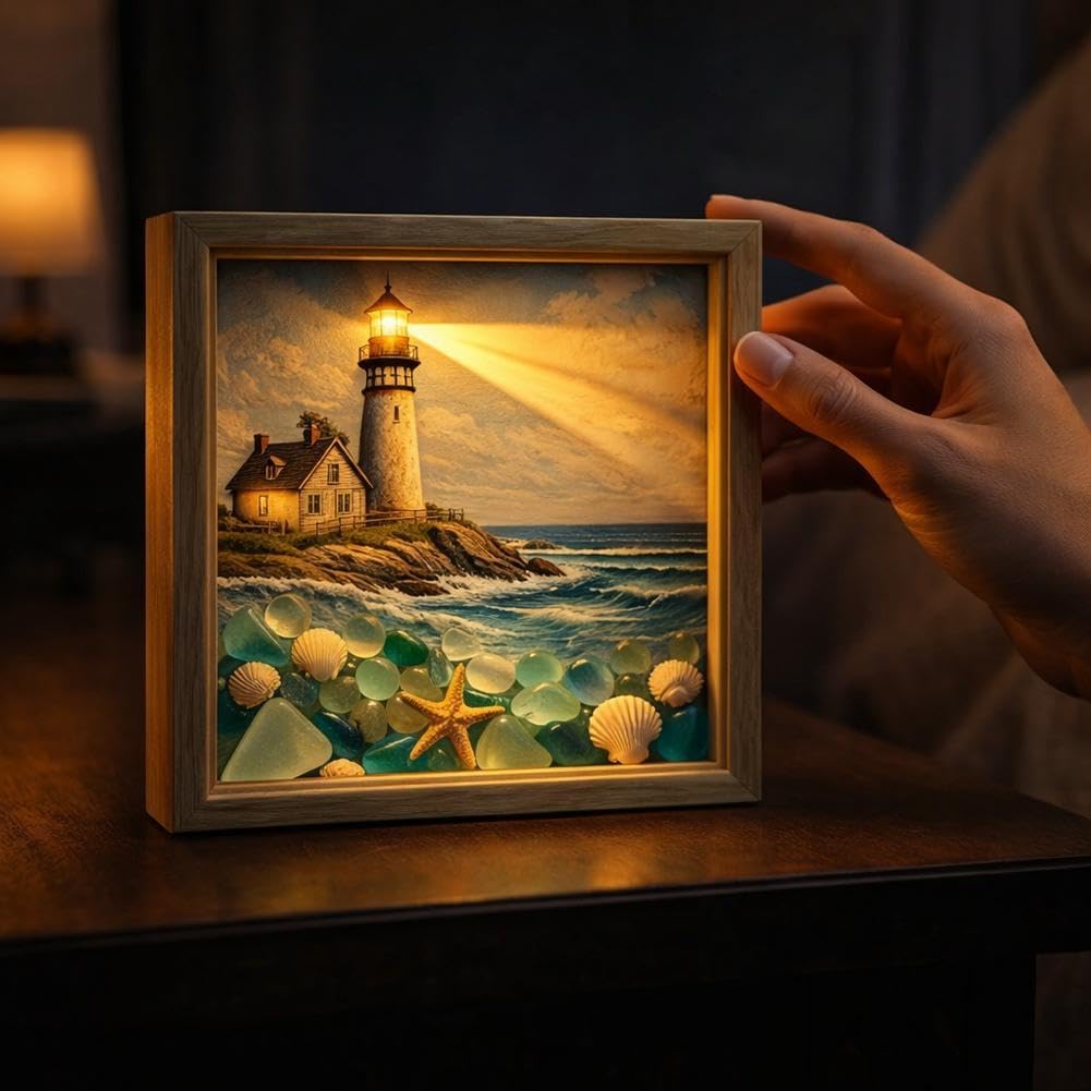 💡Handcrafted: 3D Coastal Lighthouse & Sea Glass Shadow Box Night Light