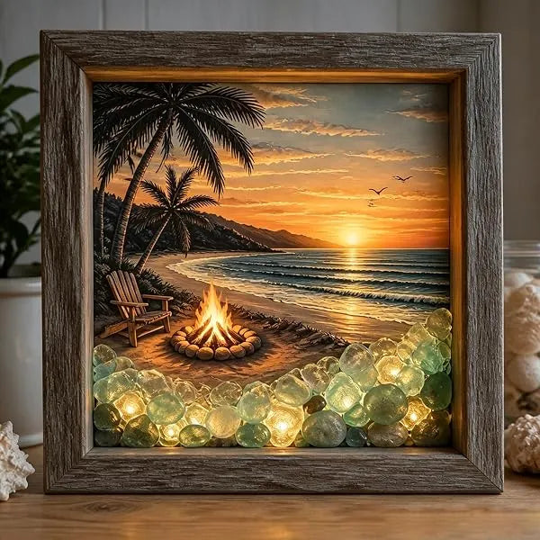 💡Handcrafted: 3D Coastal Lighthouse & Sea Glass Shadow Box Night Light
