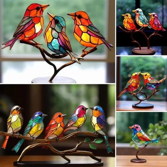 Stained Plastic Glass Branch Bird Tabletop Ornament