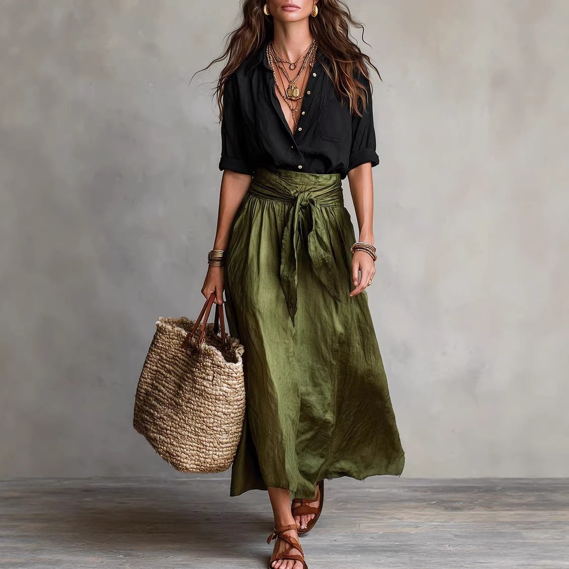 ⛱️New Summer Arrivals - Women's Black Color-Block T-Shirt and Olive Green Midi Skirt