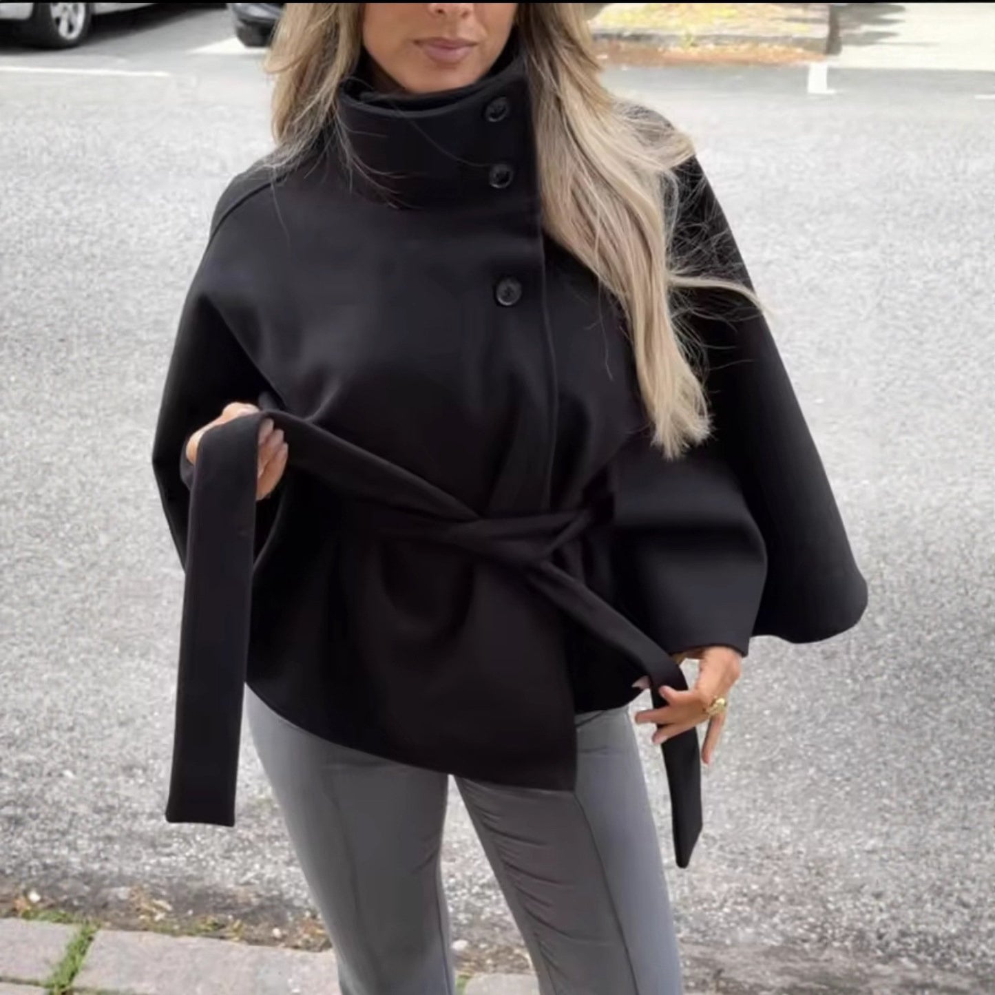 🔥BUY 2 GET FREE SHIPPING💥Women's Plain Front Buckle Belted Woolen Cape Coat