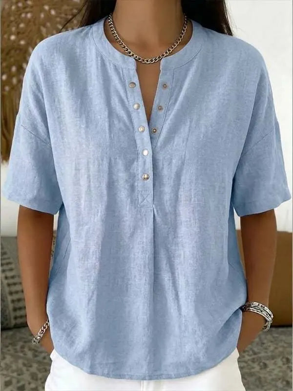 Women's Solid-Color Loose-Fit Short-Sleeve Henley Pullover