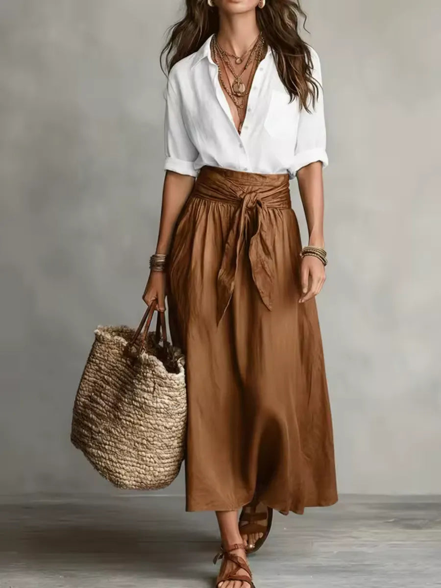 ⛱️New Summer Arrivals - Women's Black Color-Block T-Shirt and Olive Green Midi Skirt