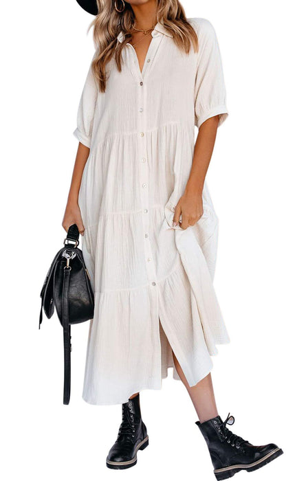 Summer Cotton Half Sleeves Midi Dress with Pockets