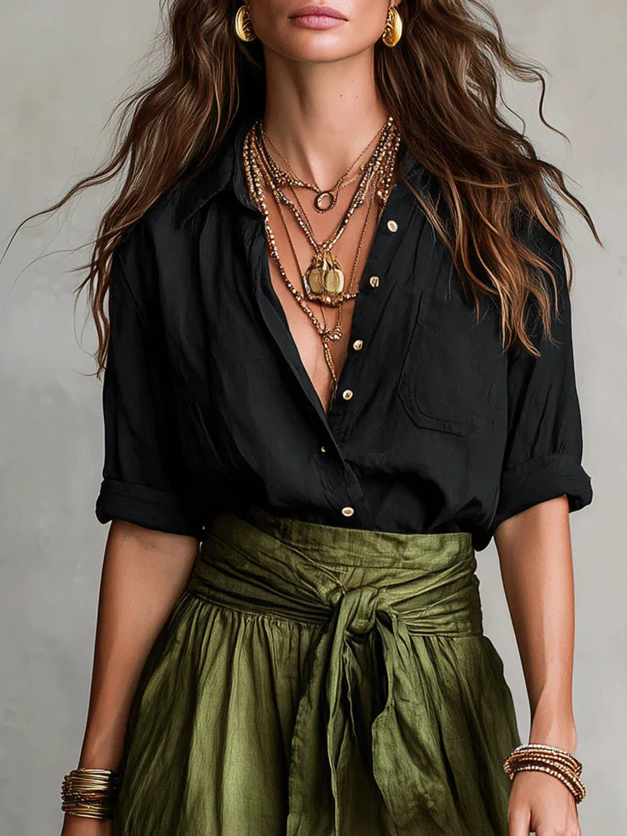 ⛱️New Summer Arrivals - Women's Black Color-Block T-Shirt and Olive Green Midi Skirt
