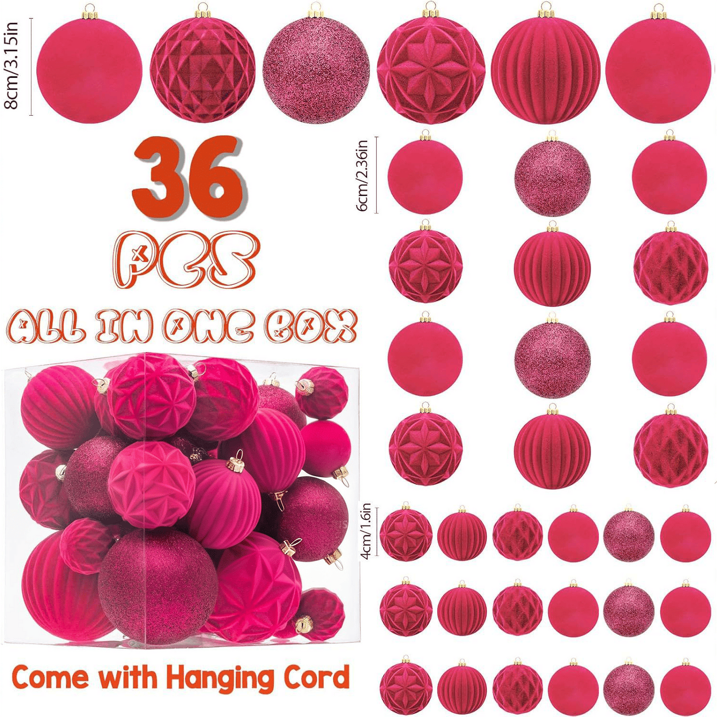 🎅Christmas Sale🎅 36 PCS Velvet Christmas Balls, Flocked Christmas Tree Ball Ornaments, Plastic Balls Xmas Decorative Hanging Ornaments Christmas Tree Decoration