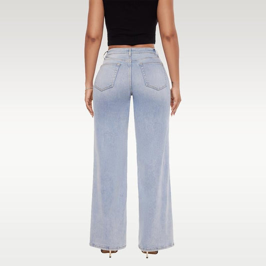 💥👖Mid-Low Rise Baggy Jeans – Stretchy Wide Leg for Women | Distressed Light/Dark Blue, Tummy Control & Curve Hugging (Plus/Regular Size) !